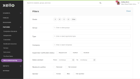 Filters modal. Filter options include grade, institution, type, company, verification status, and dates worked.